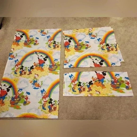 Vintage Disney Set Of 4 Curtains Rainbow Clouds Donald Duck Mickey Mouse #P290 - Picture 1 of 6